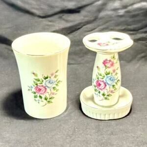 🚨 VINTAGE Japanese Hand Painted Bathroom Floral Toothbrush Holder & Cup Set 🪥